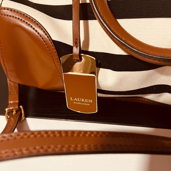 Lauren Ralph Lauren Striped Canvas Leather Trim Satchel - Picture 5 of 9
